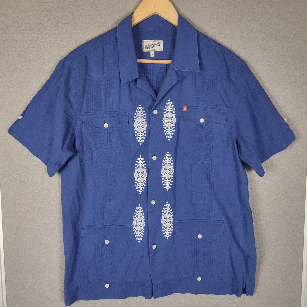 &SONS‎ Club Shirt Men's Large Blue Embroidered Pintuck Guayabera Short Sleeve